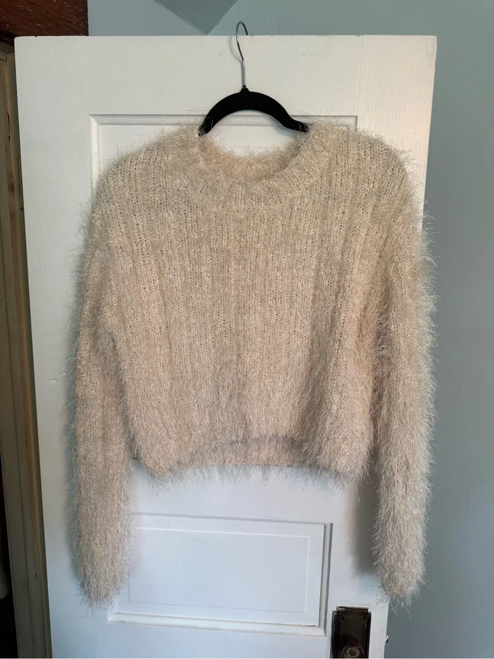 Vici Cream Fuzzy Cropped Crew Sweater
